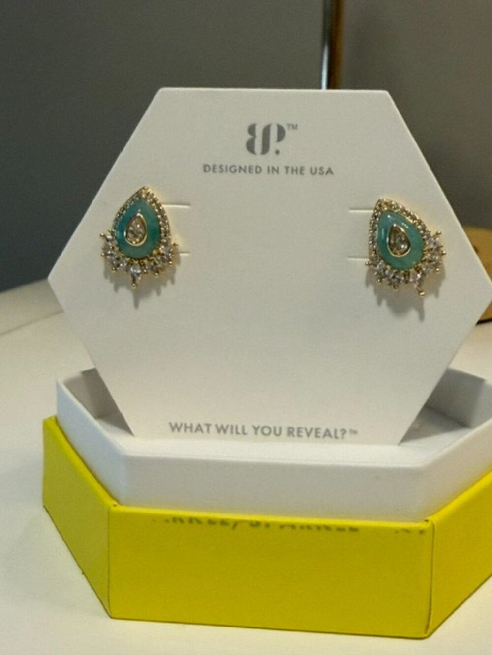BP Bomb Party "Petal Drops" Gold Plated Genuine Amazonite Stud Earrings NEW